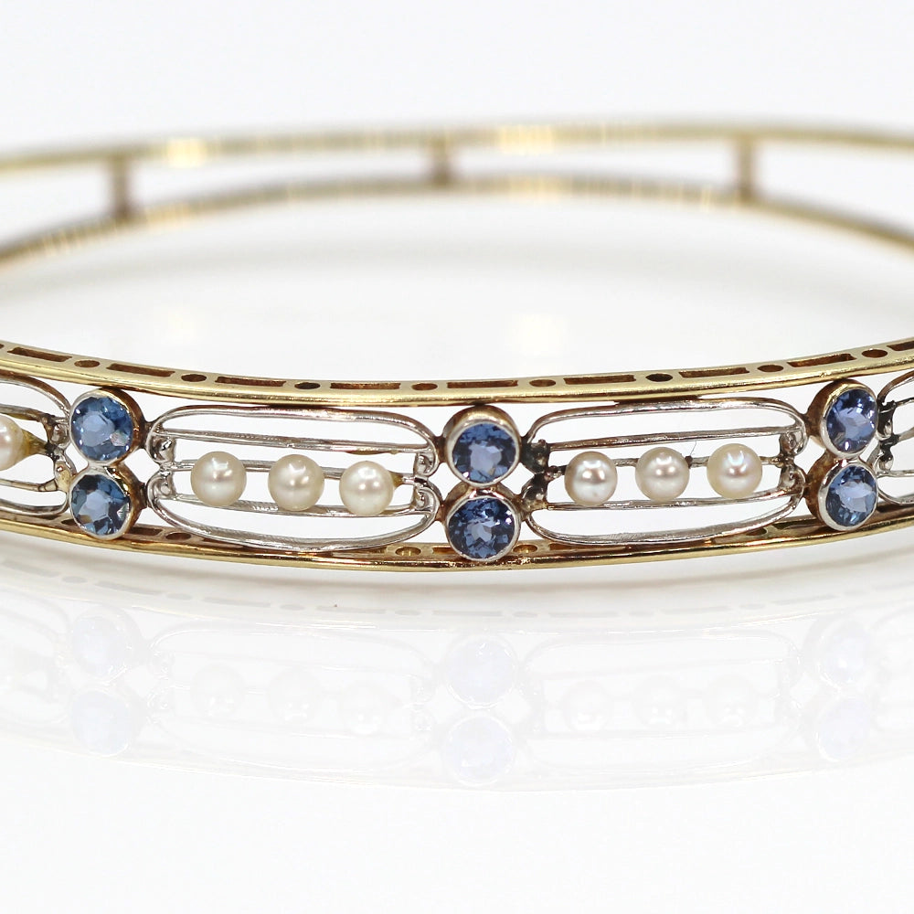 Vintage 14K Yellow Gold Pearl and Sapphire Bracelet SIZE 7
