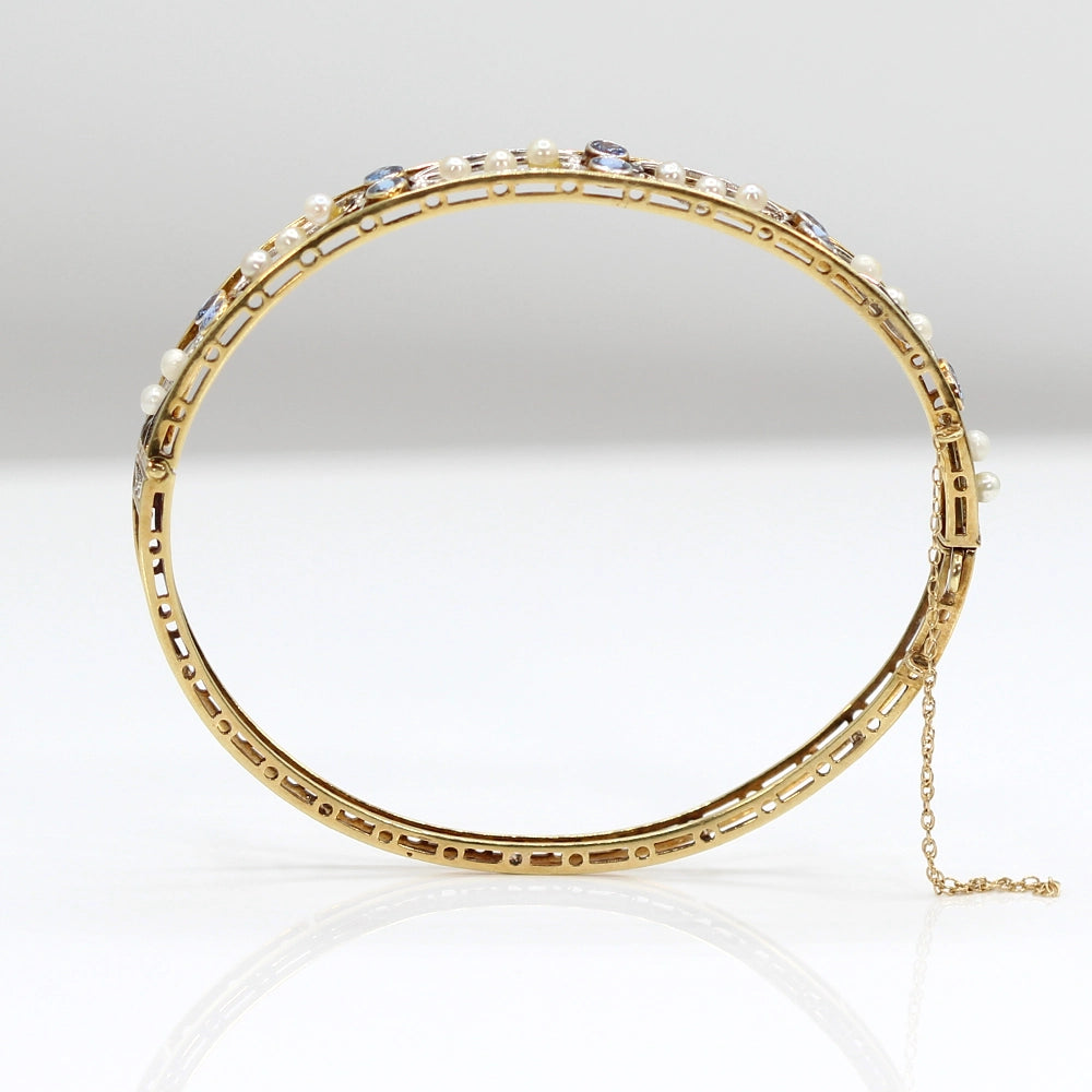 Vintage 14K Yellow Gold Pearl and Sapphire Bracelet SIZE 7