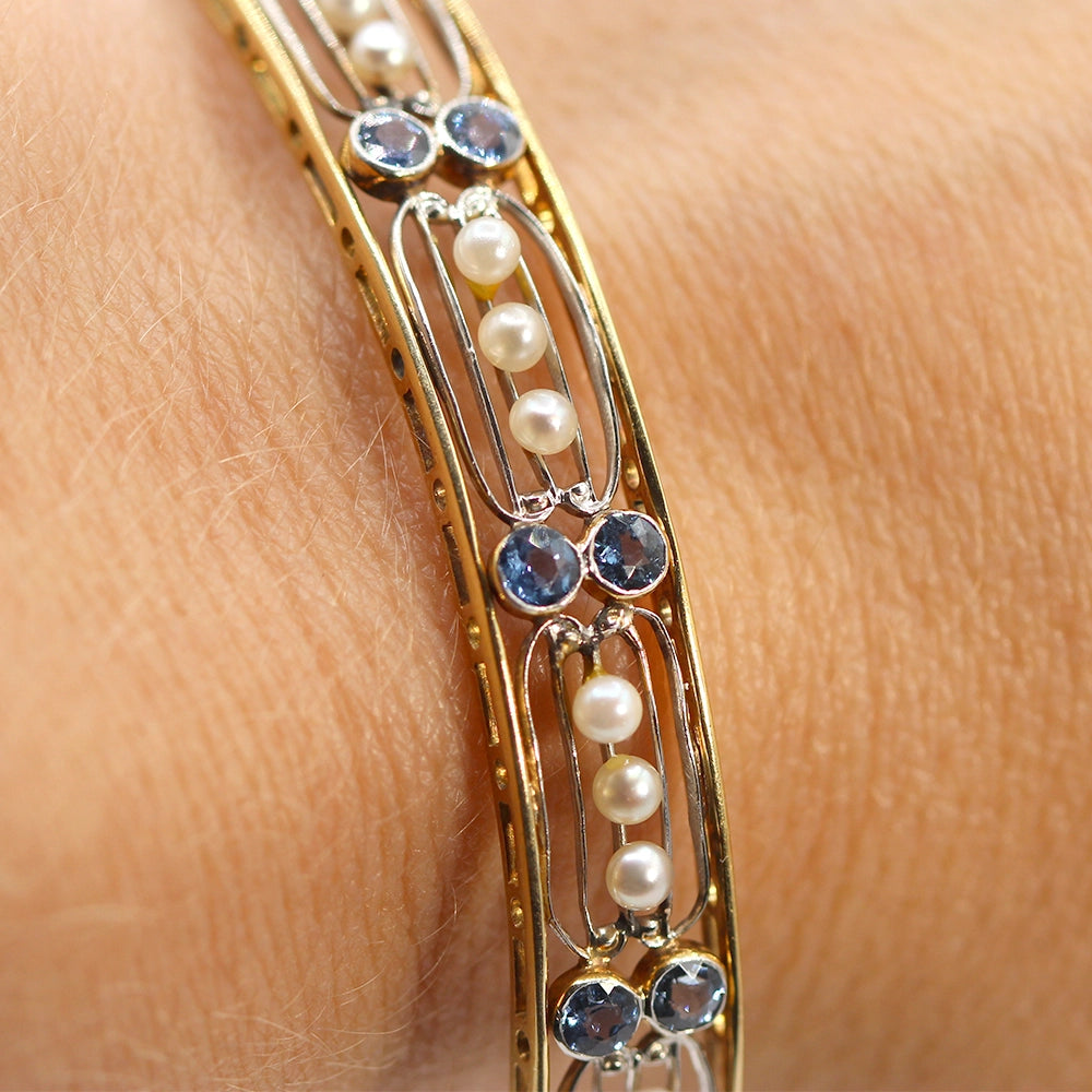 Vintage 14K Yellow Gold Pearl and Sapphire Bracelet SIZE 7