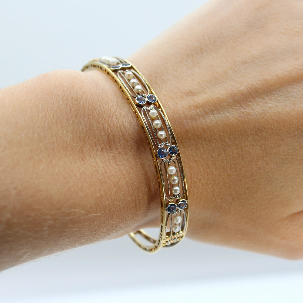 Vintage 14K Yellow Gold Pearl and Sapphire Bracelet SIZE 7