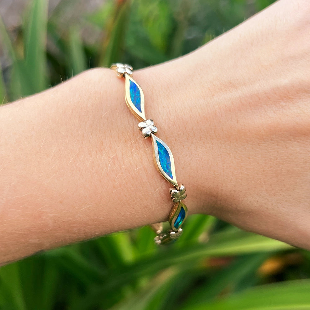 14K Yellow Gold and Black Opal Waves Bracelet SIZE 6.75