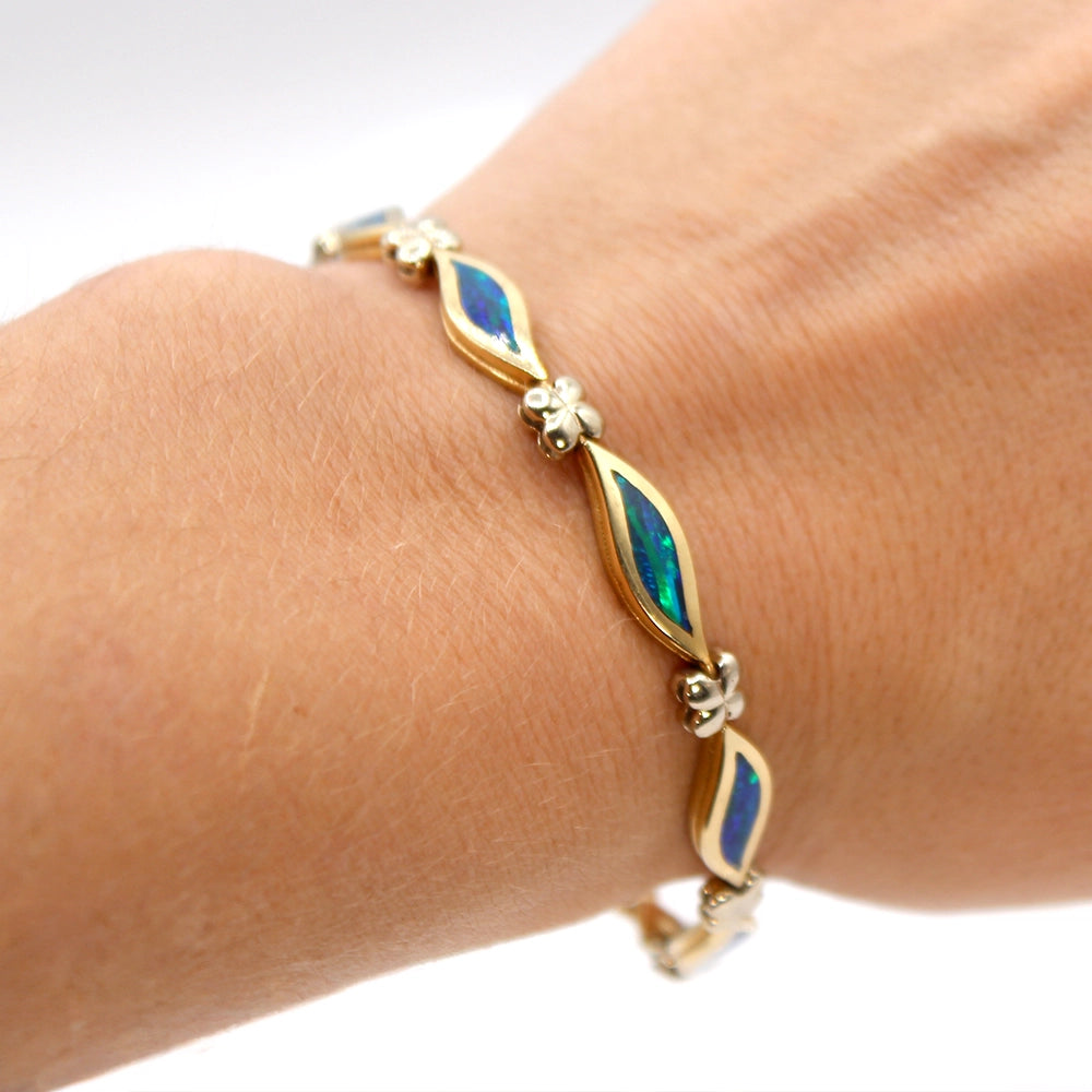 14K Yellow Gold and Black Opal Waves Bracelet SIZE 6.75