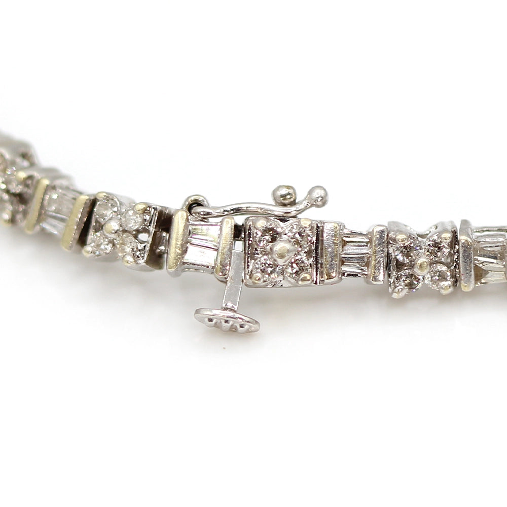 14K White Gold Baguette and Round Brilliant Cut Diamond Tennis Bracelet SIZE 7