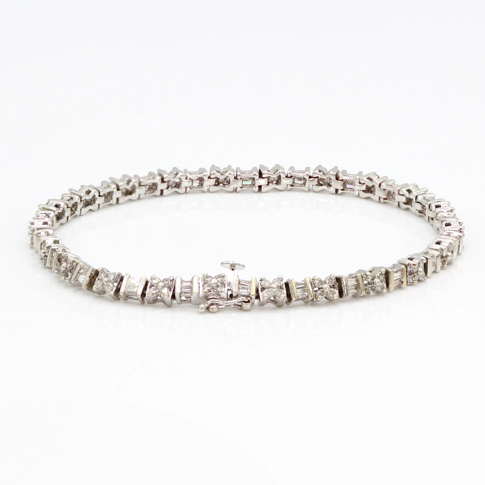 14K White Gold Baguette and Round Brilliant Cut Diamond Tennis Bracelet SIZE 7