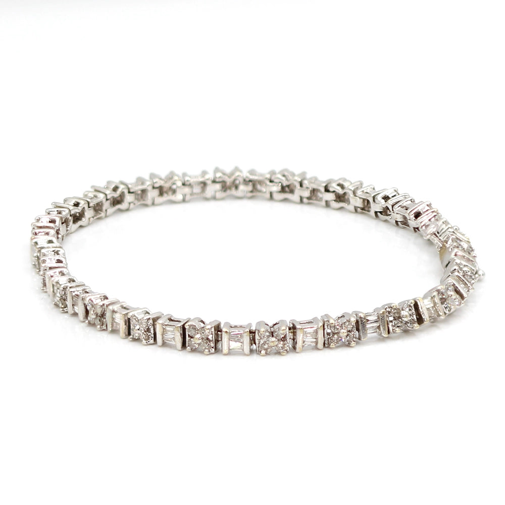 14K White Gold Baguette and Round Brilliant Cut Diamond Tennis Bracelet SIZE 7