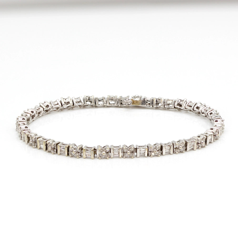 14K White Gold Baguette and Round Brilliant Cut Diamond Tennis Bracelet SIZE 7