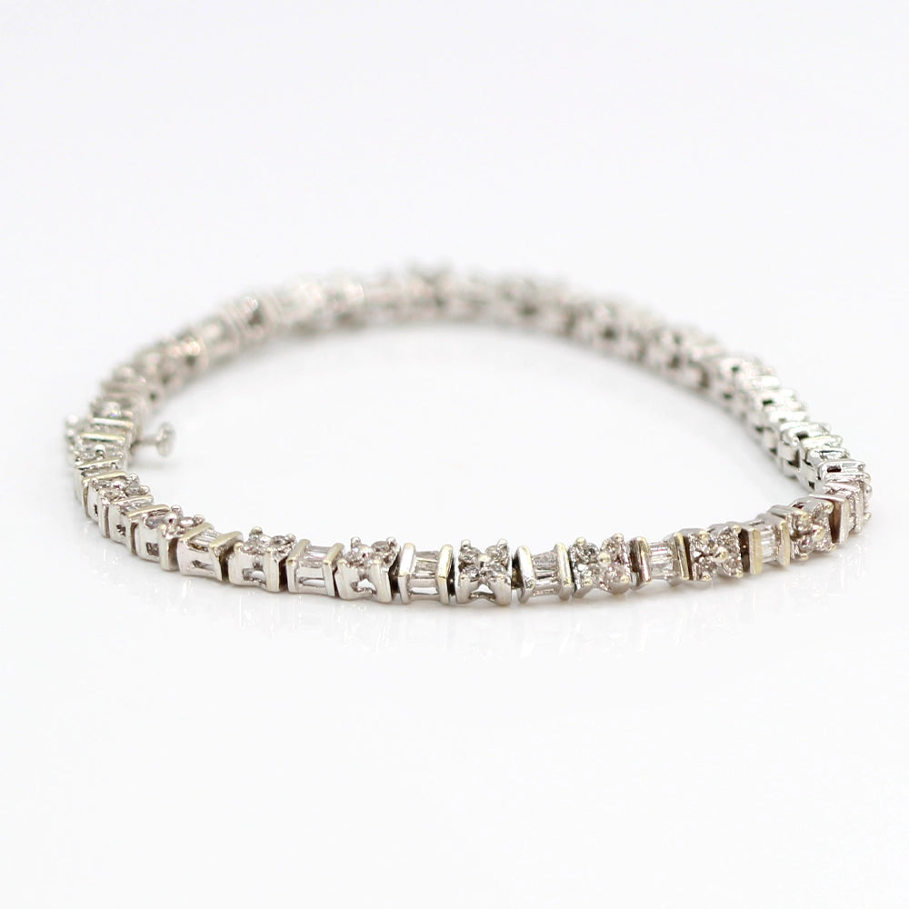 14K White Gold Baguette and Round Brilliant Cut Diamond Tennis Bracelet SIZE 7