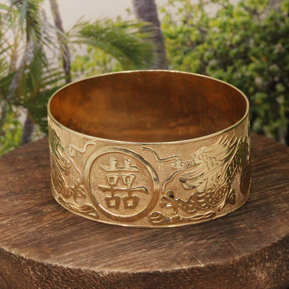 Double Dragon Double Happiness 14K Yellow Gold Bangle Bracelet SIZE 8.5