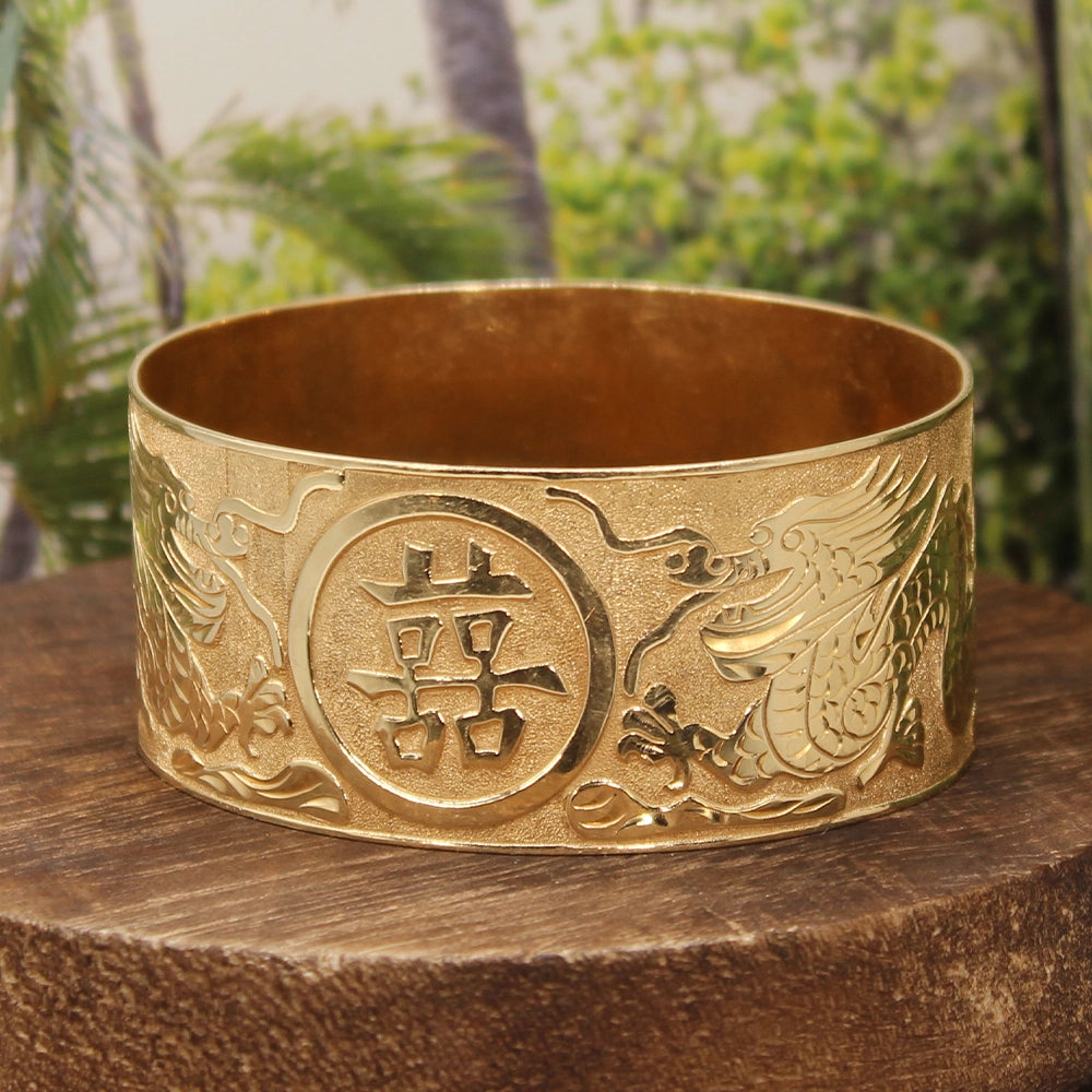 Double Dragon Double Happiness 14K Yellow Gold Bangle Bracelet SIZE 8.5