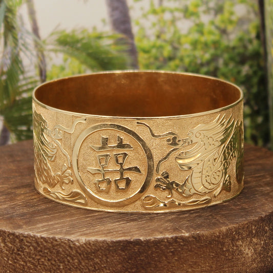 Double Dragon Double Happiness 14K Yellow Gold Bangle Bracelet SIZE 8.5