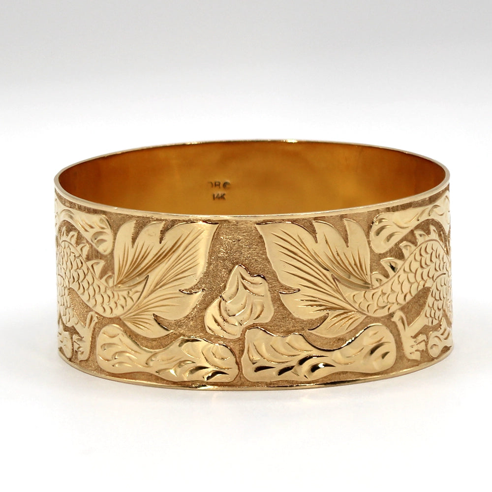 Double Dragon Double Happiness 14K Yellow Gold Bangle Bracelet SIZE 8.5