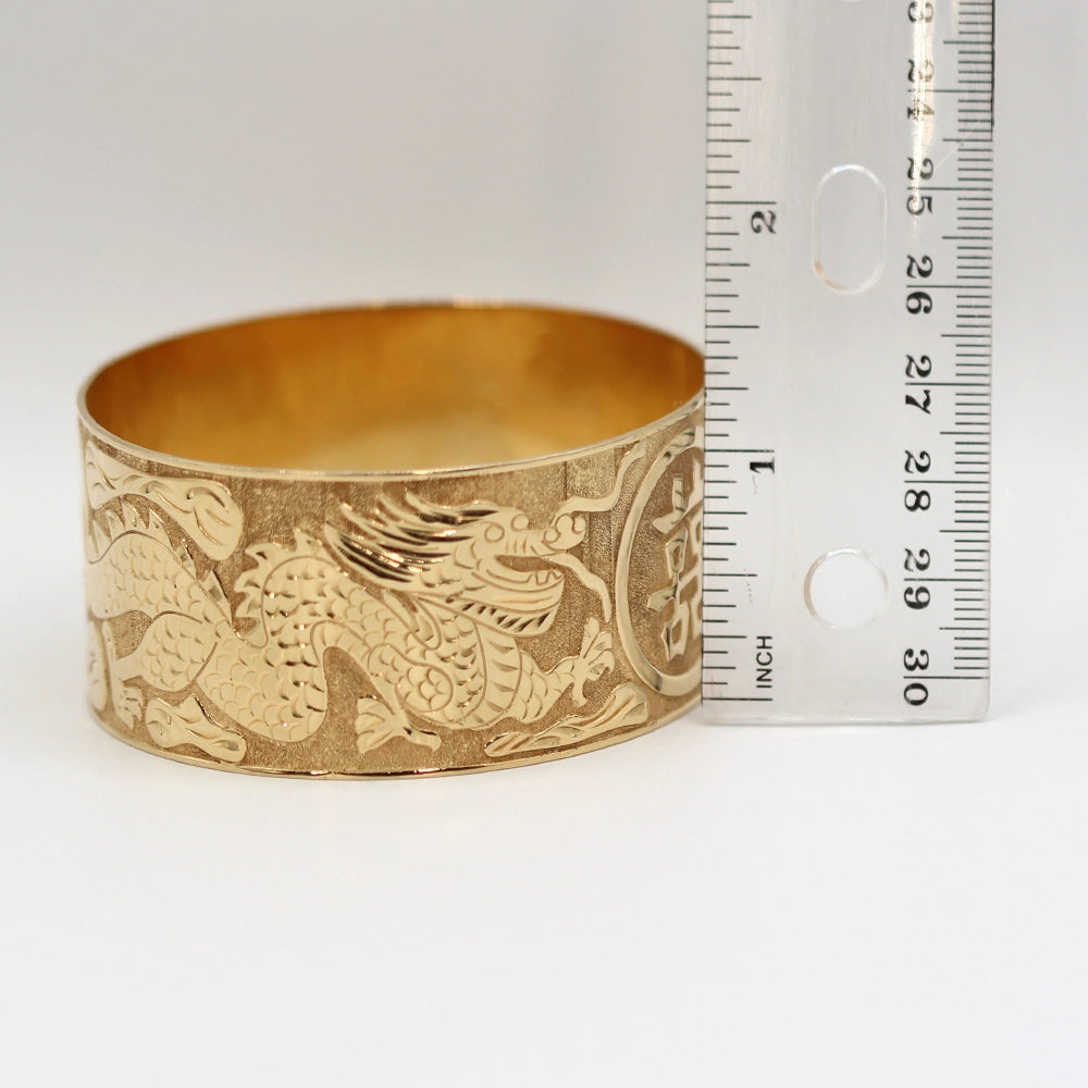 Double Dragon Double Happiness 14K Yellow Gold Bangle Bracelet SIZE 8.5