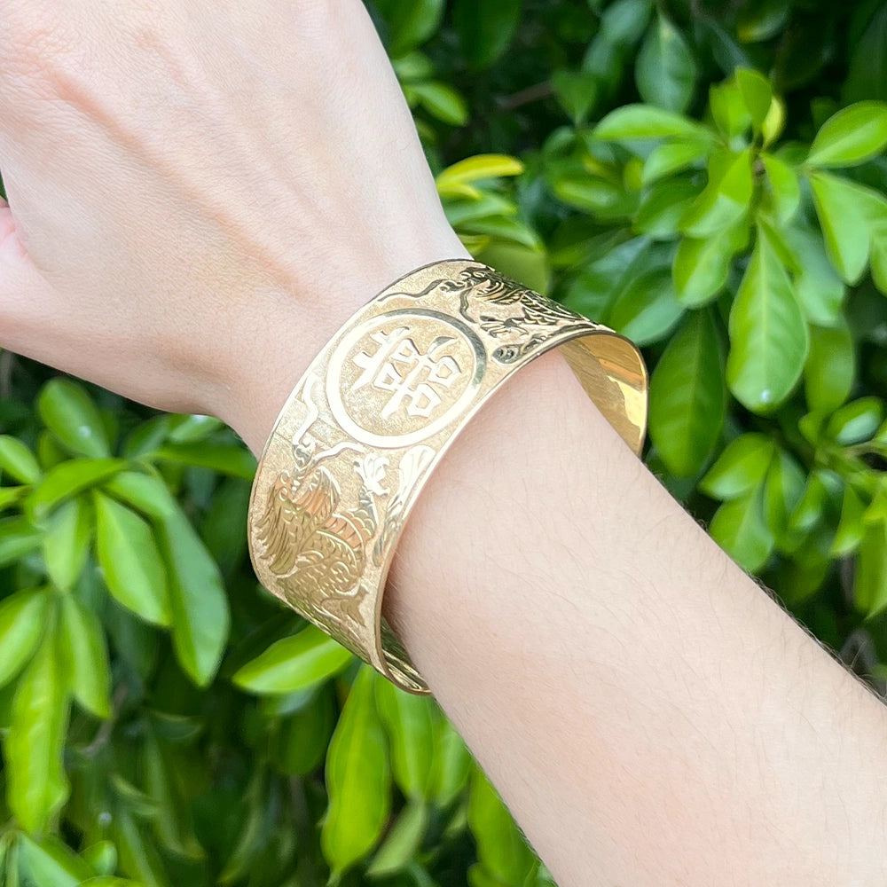 Double Dragon Double Happiness 14K Yellow Gold Bangle Bracelet SIZE 8.5
