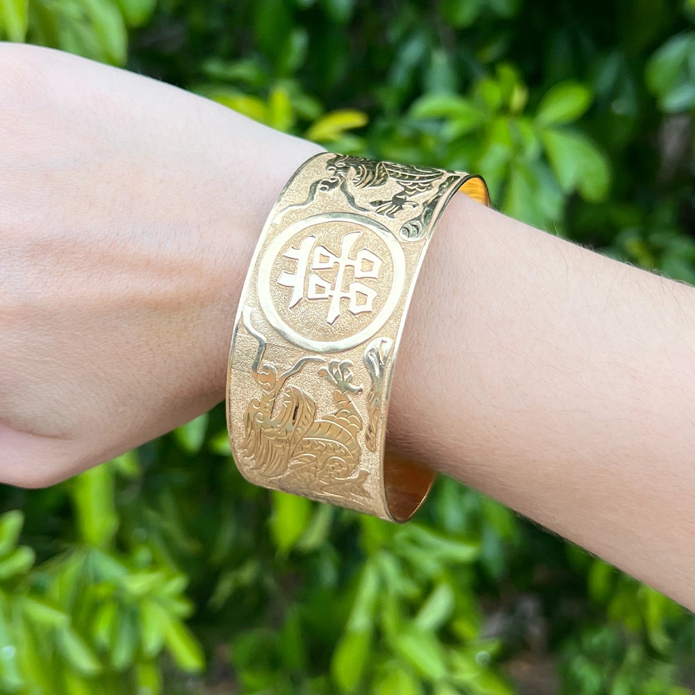 Double Dragon Double Happiness 14K Yellow Gold Bangle Bracelet SIZE 8.5