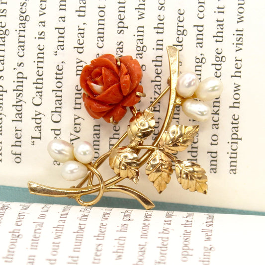 Vintage 14K Yellow Gold and Carved Coral Rose Brooch with Pearls