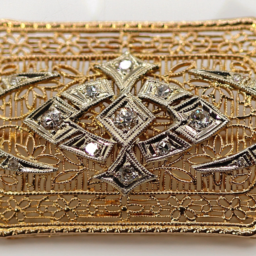 14K Yellow Gold and Diamond Filigree Brooch