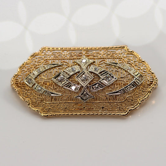 14K Yellow Gold and Diamond Filigree Brooch