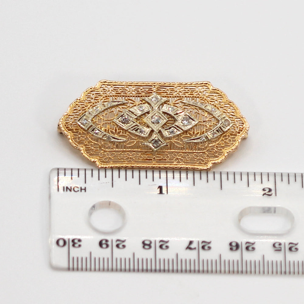 14K Yellow Gold and Diamond Filigree Brooch