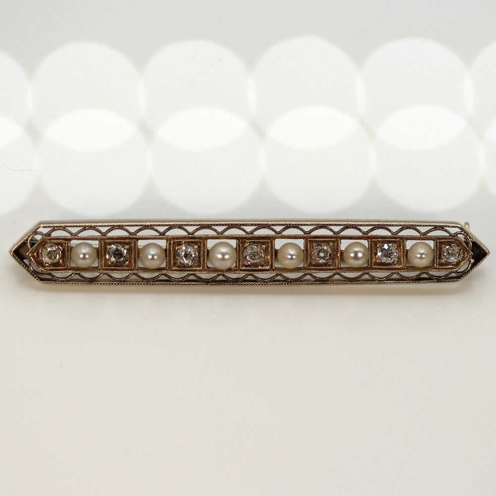 Antique 14K Yellow Gold Old Mine Cut Diamond and Pearl Brooch