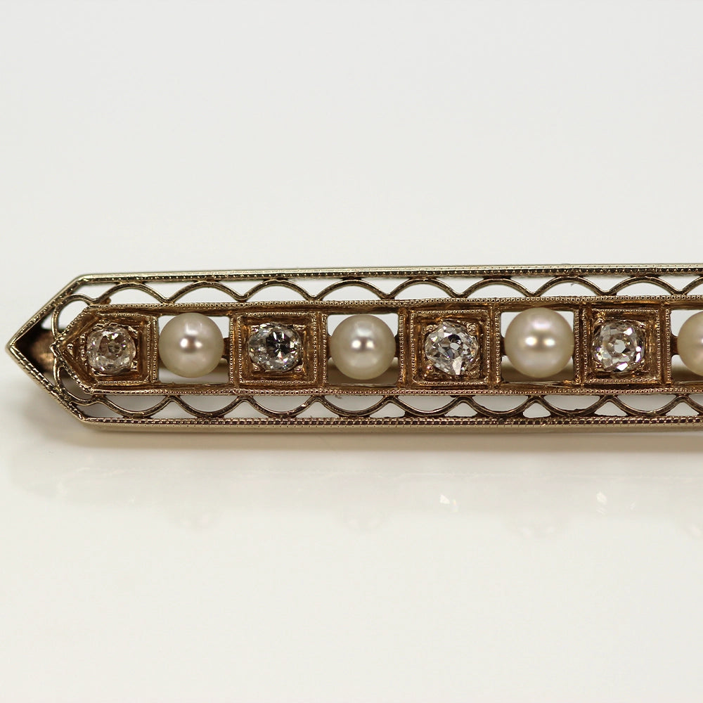 Antique 14K Yellow Gold Old Mine Cut Diamond and Pearl Brooch