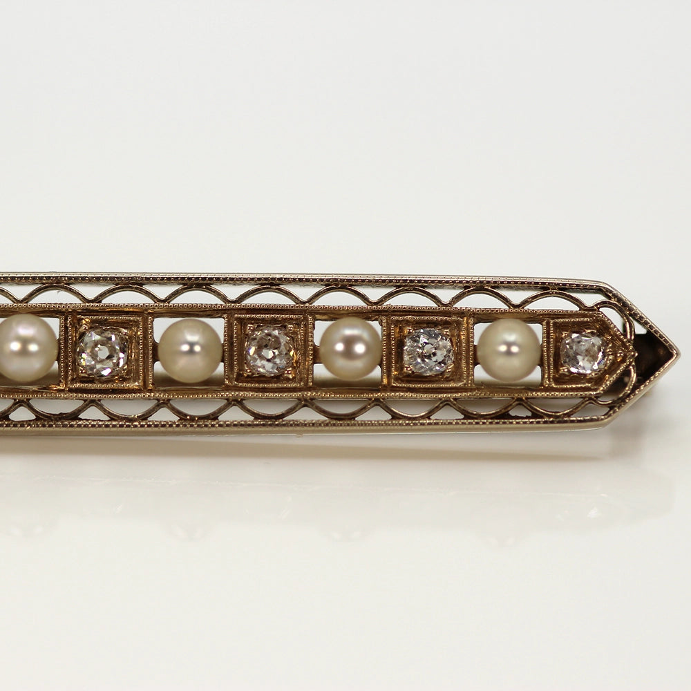 Antique 14K Yellow Gold Old Mine Cut Diamond and Pearl Brooch
