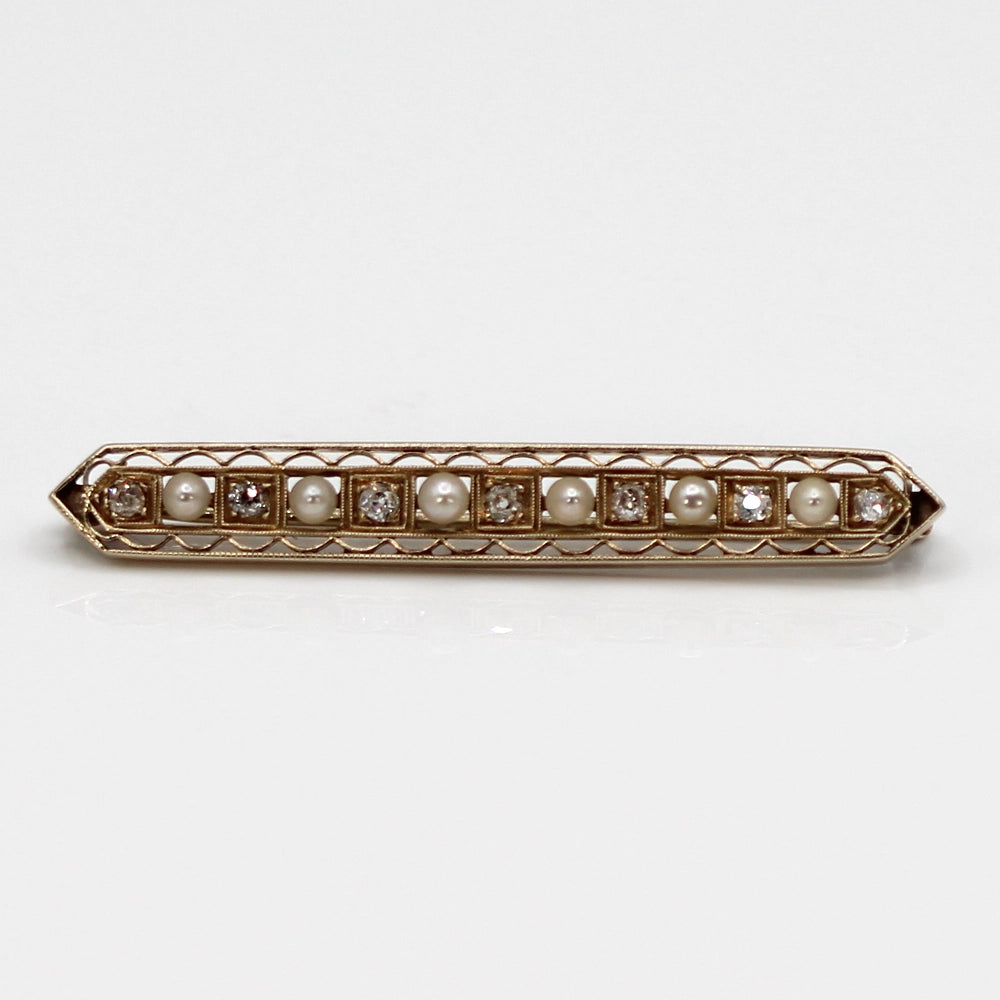 Antique 14K Yellow Gold Old Mine Cut Diamond and Pearl Brooch