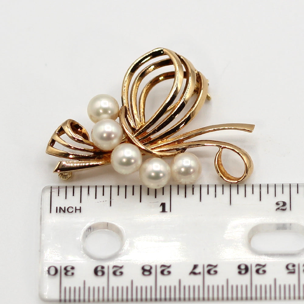 Mikimoto Pearl and 14K Yellow Gold Ribbon Brooch