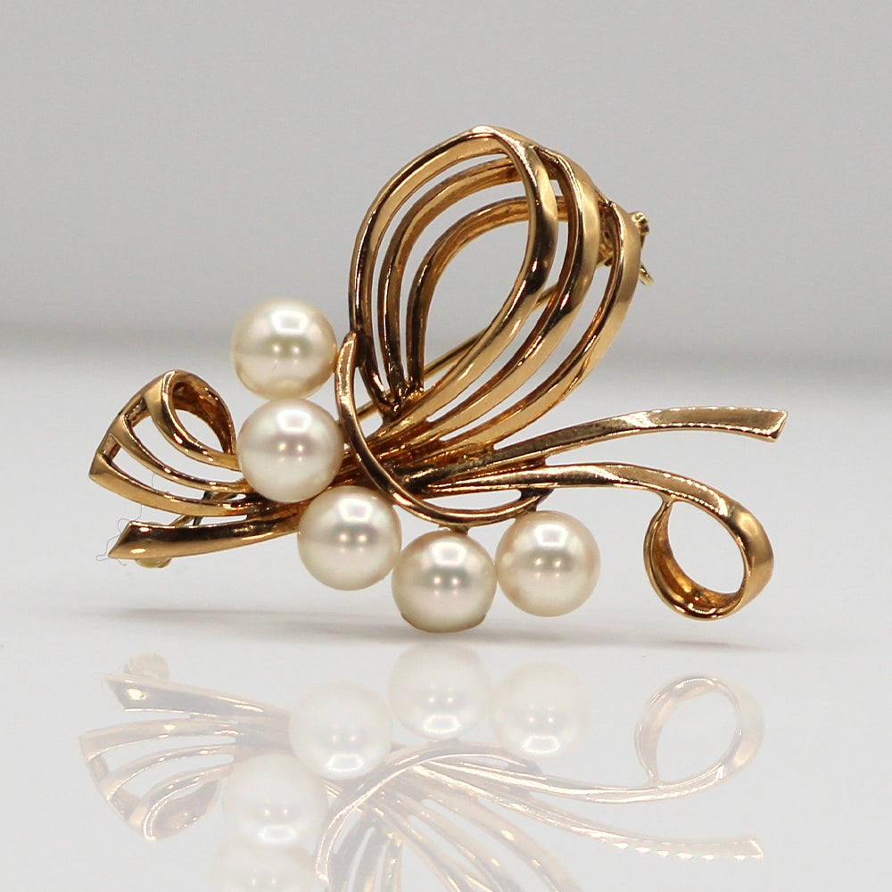 Mikimoto Pearl and 14K Yellow Gold Ribbon Brooch