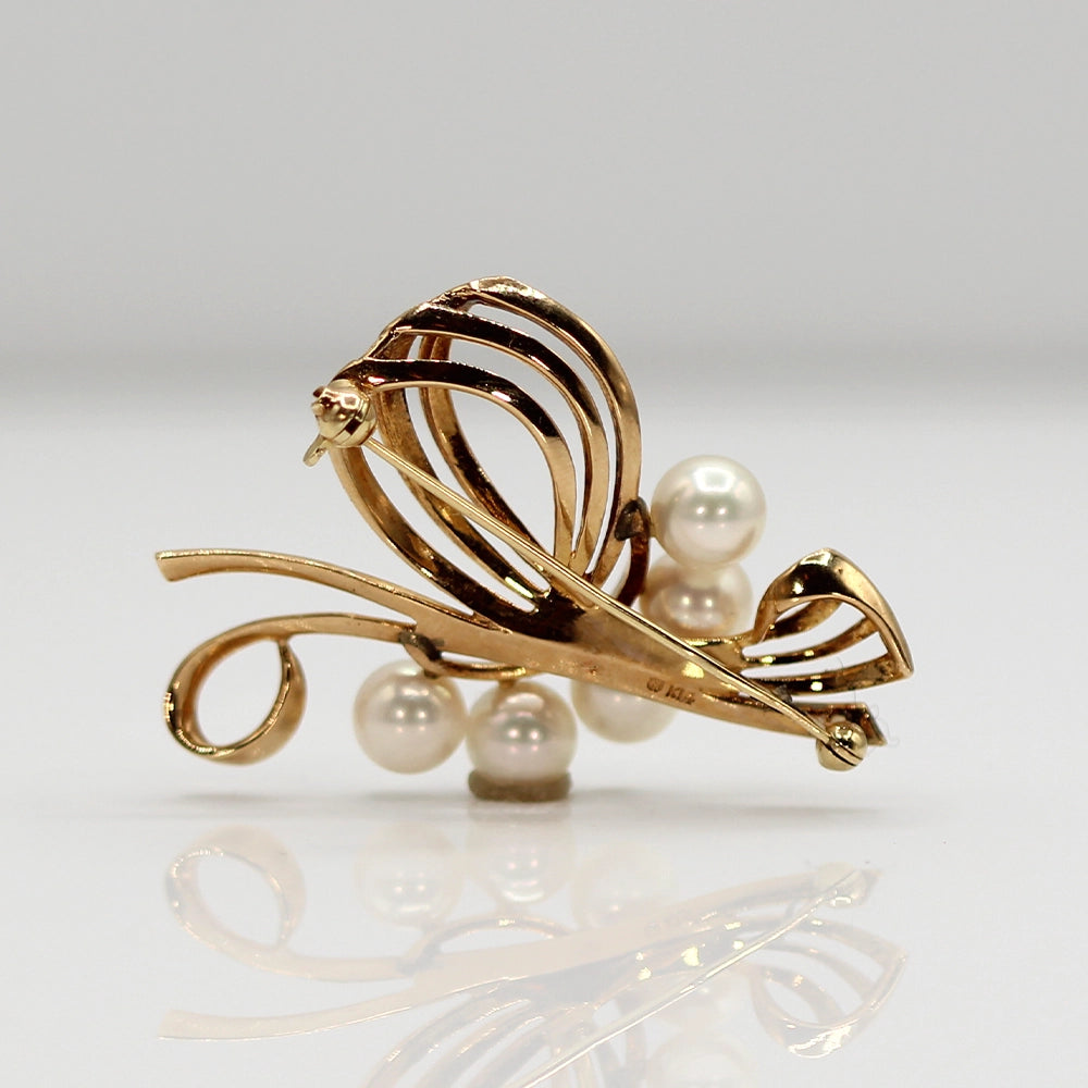 Mikimoto Pearl and 14K Yellow Gold Ribbon Brooch
