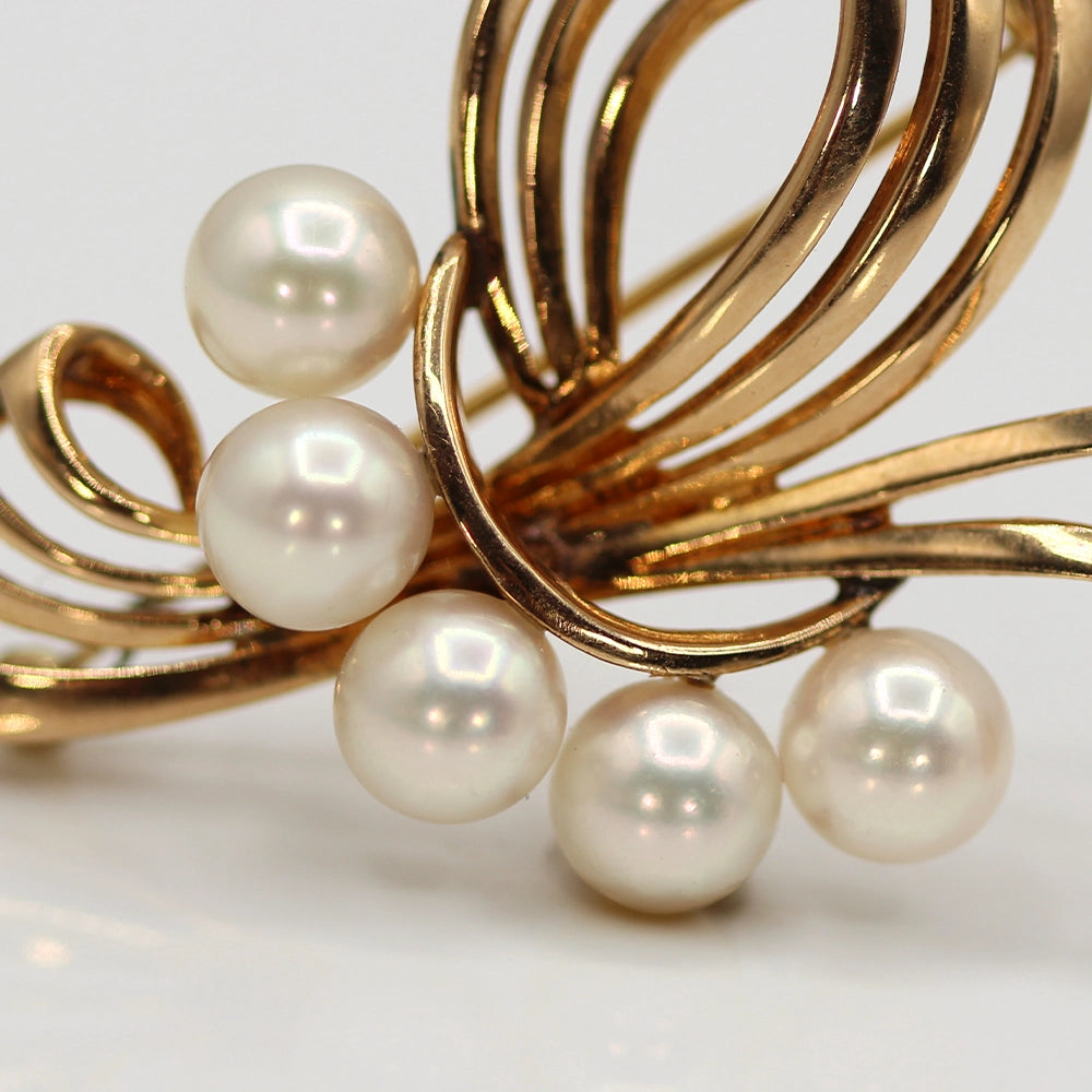 Mikimoto Pearl and 14K Yellow Gold Ribbon Brooch