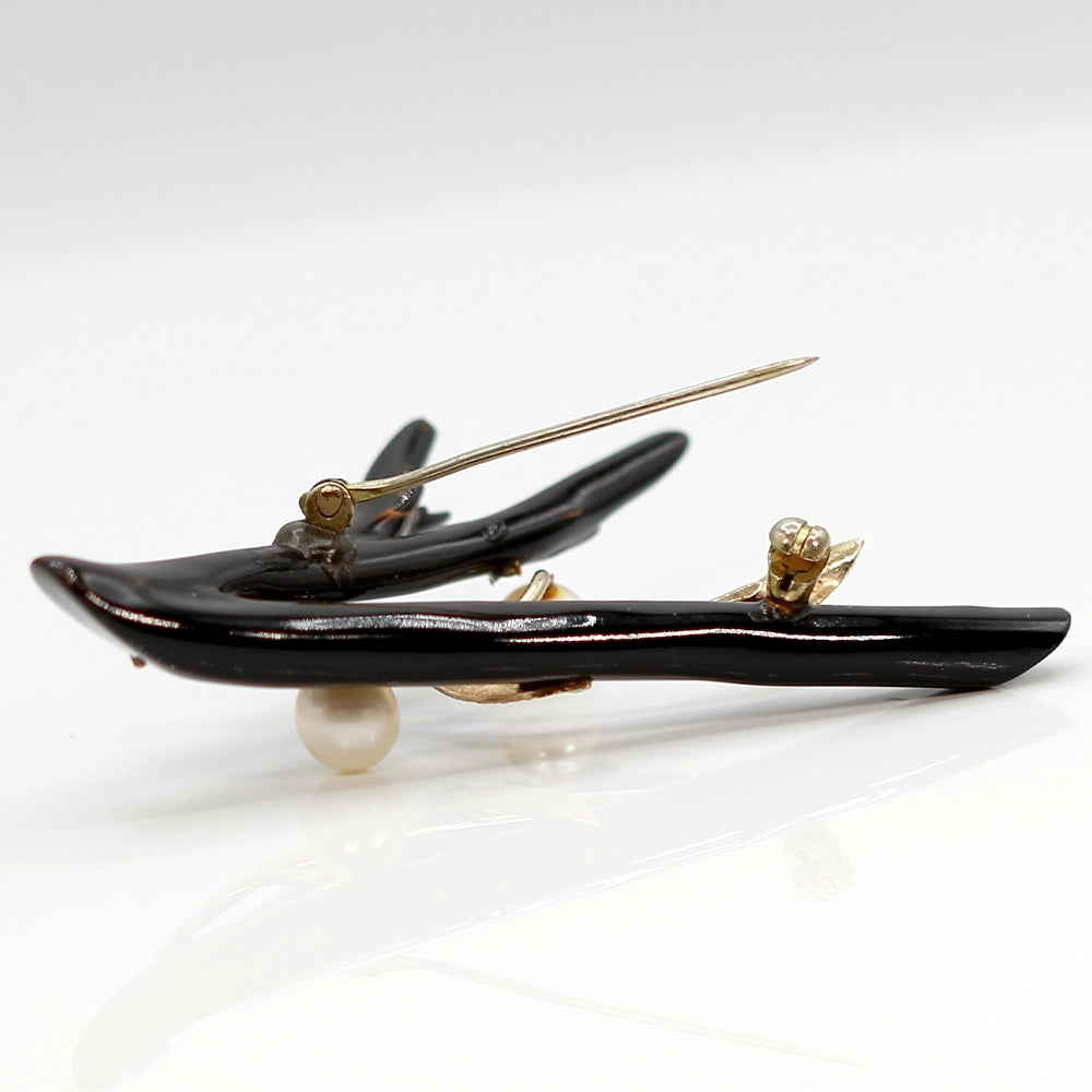 Black Branch Coral Brooch with 14K Yellow Gold and Cultured Pearls.