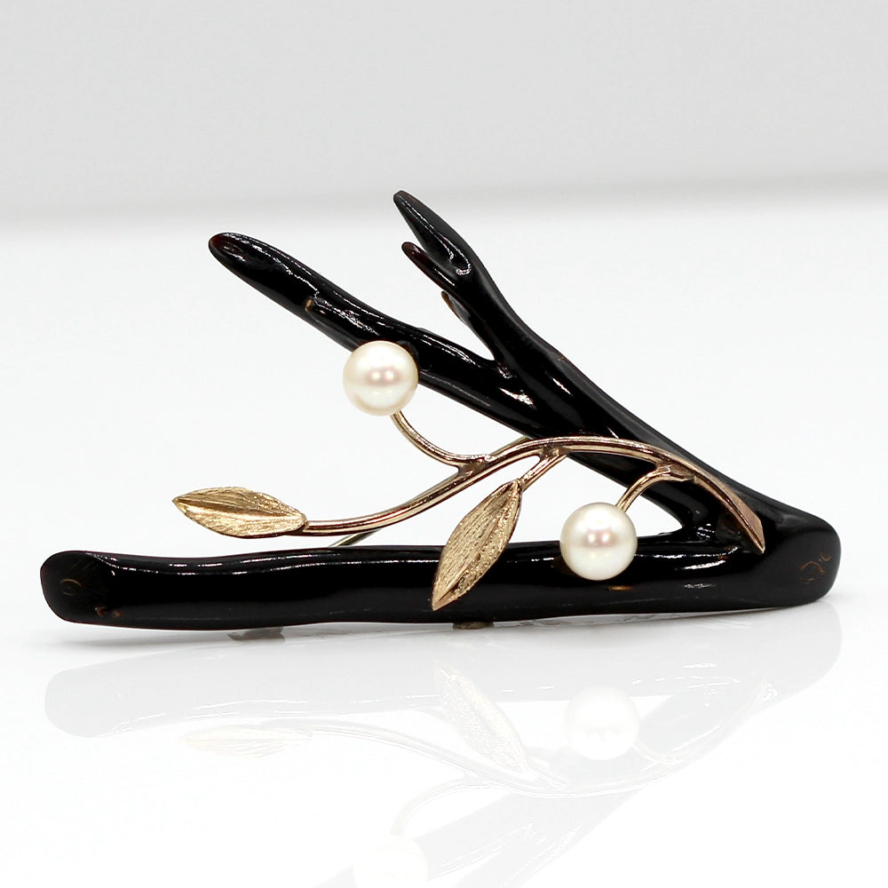 Black Branch Coral Brooch with 14K Yellow Gold and Cultured Pearls.