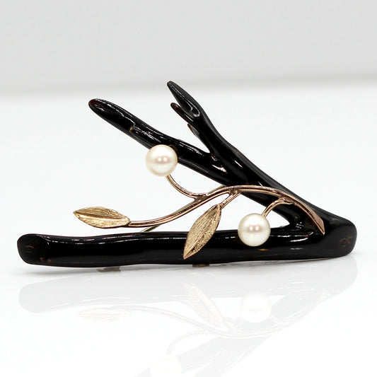 Black Branch Coral Brooch with 14K Yellow Gold and Cultured Pearls.