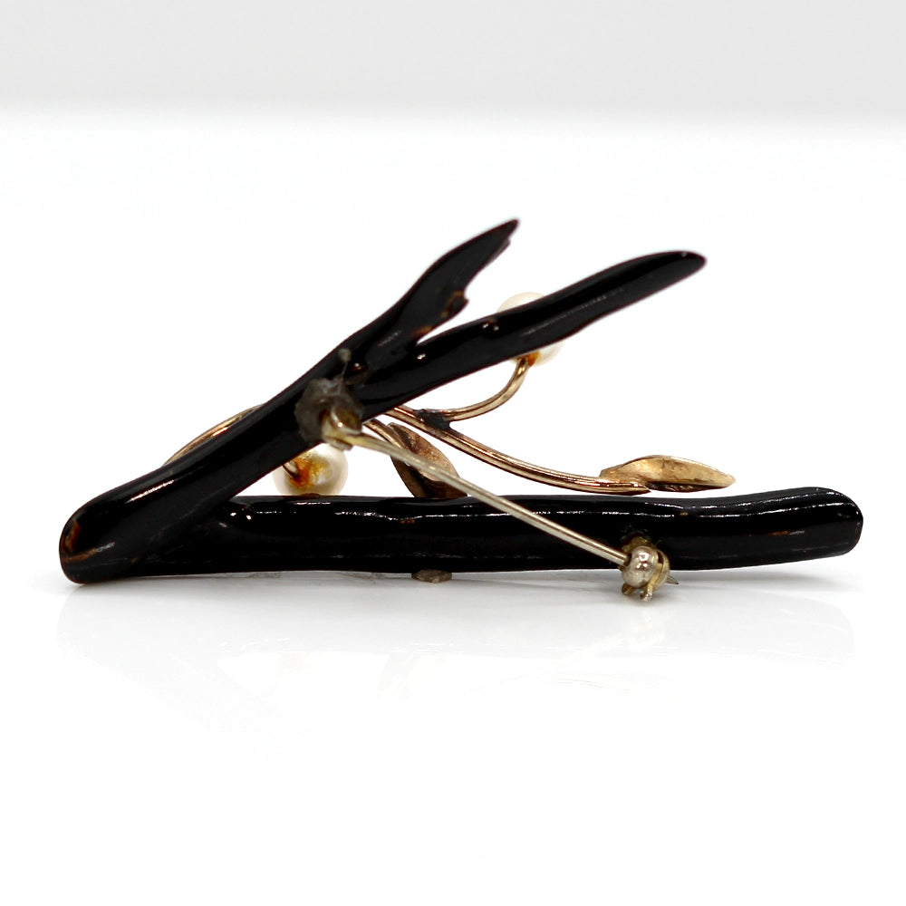 Black Branch Coral Brooch with 14K Yellow Gold and Cultured Pearls.