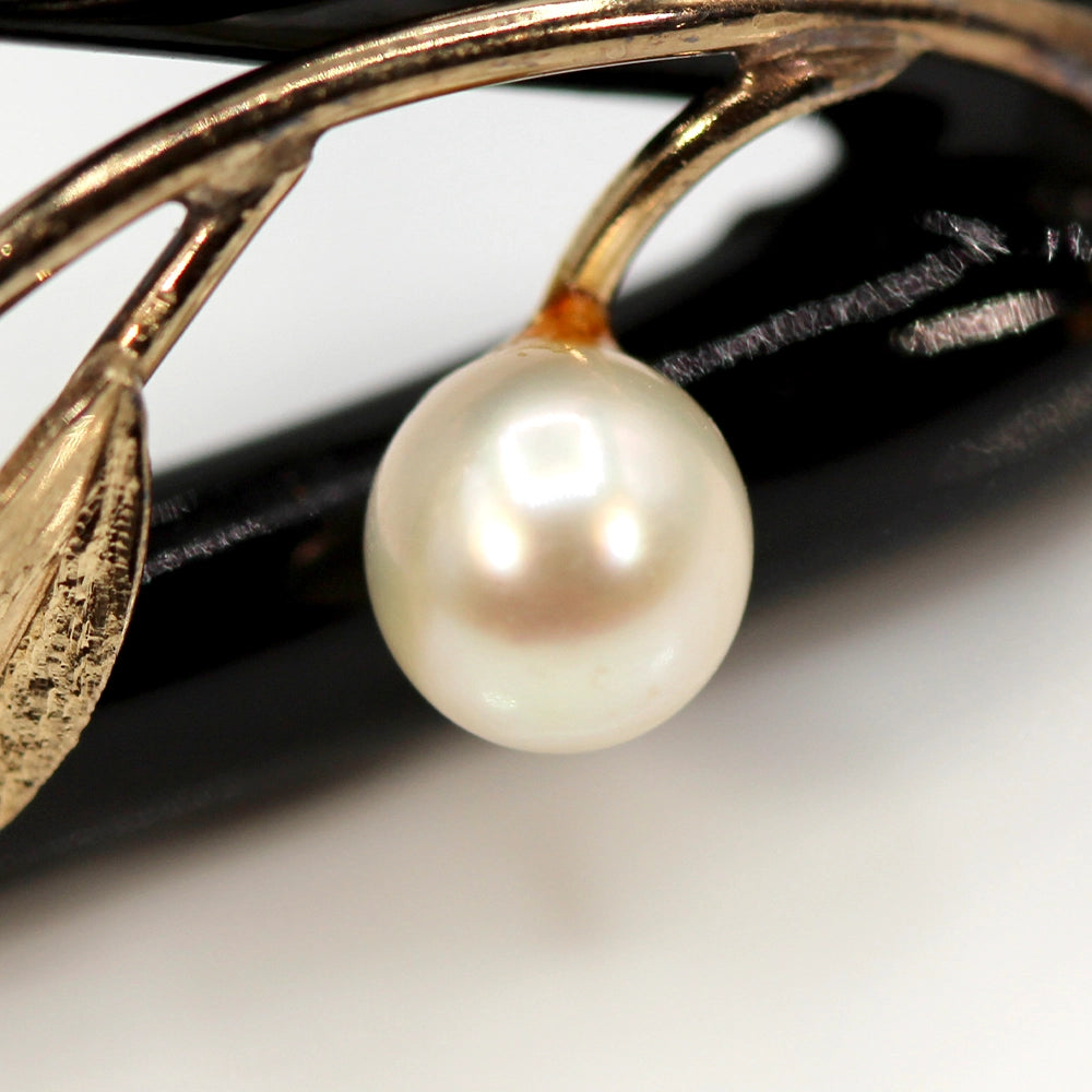 Black Branch Coral Brooch with 14K Yellow Gold and Cultured Pearls.