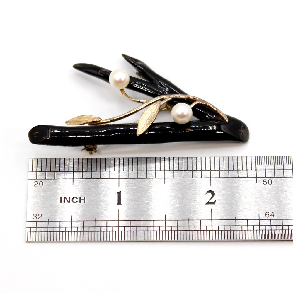 Black Branch Coral Brooch with 14K Yellow Gold and Cultured Pearls.