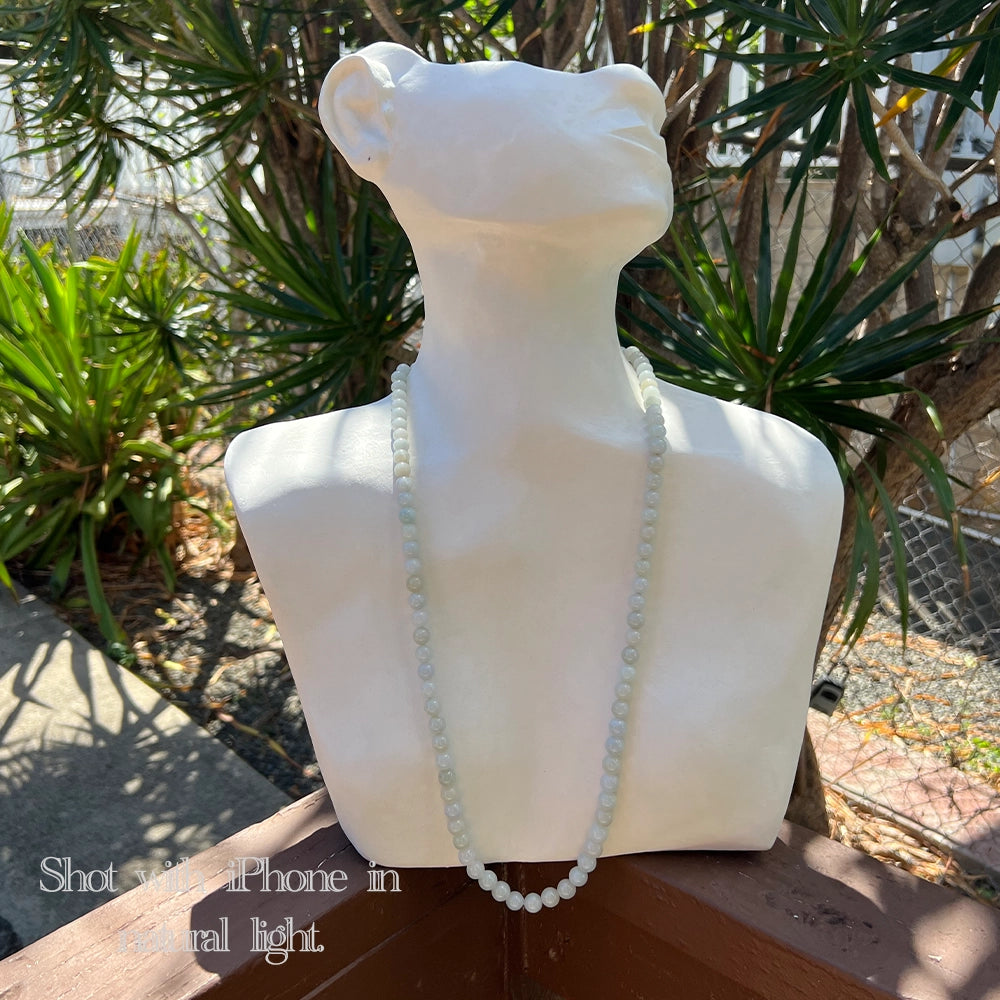Ming’s Hawaii Pale Green Jade Beaded Necklace with 14K Yellow Gold Clasp - With Box!