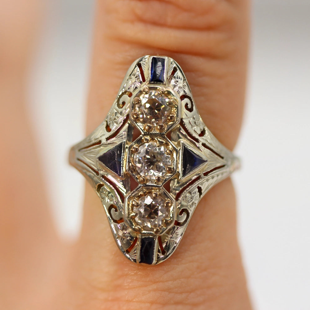 Vintage Art Deco Ring: 18K White Gold Diamond and Sapphire SIZE 7.25