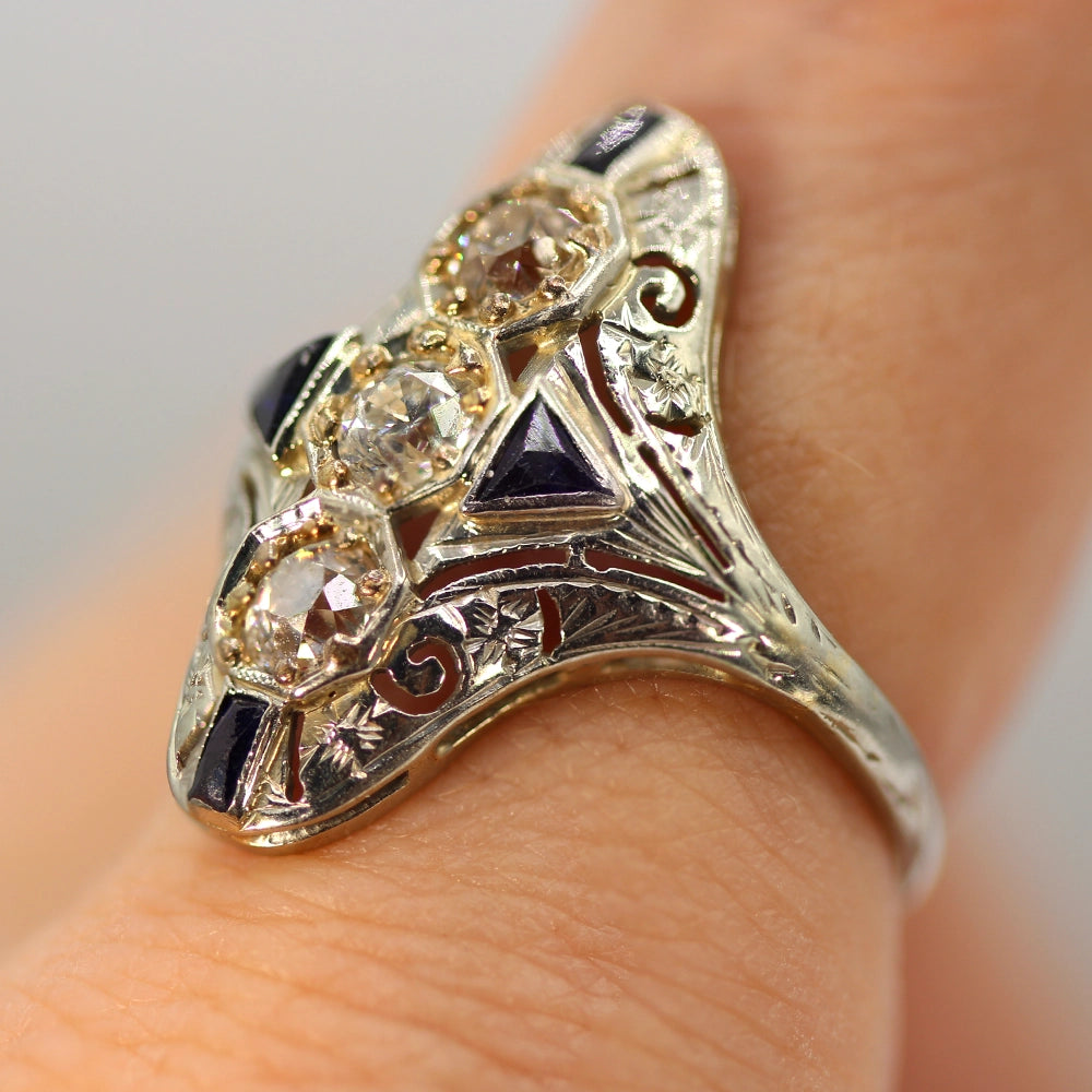 Vintage Art Deco Ring: 18K White Gold Diamond and Sapphire SIZE 7.25