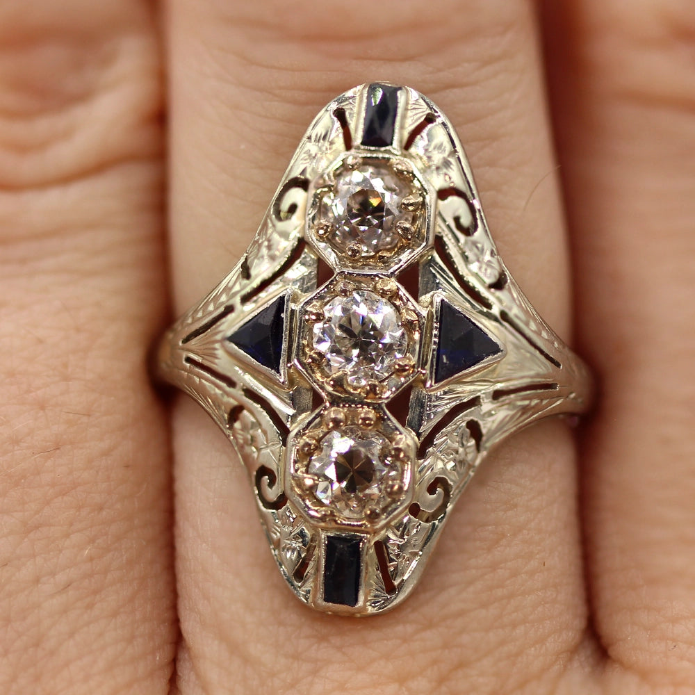 Vintage Art Deco Ring: 18K White Gold Diamond and Sapphire SIZE 7.25