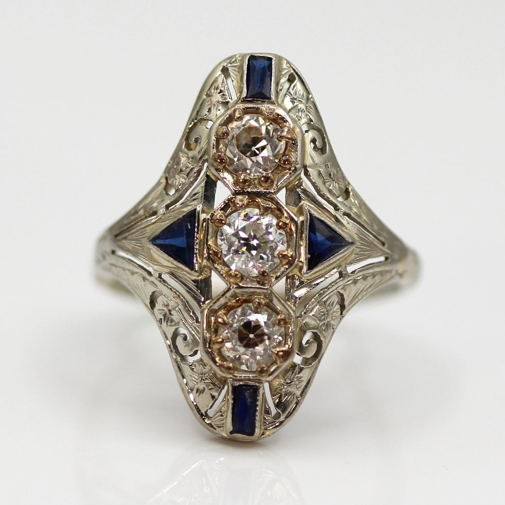 Vintage Art Deco Ring: 18K White Gold Diamond and Sapphire SIZE 7.25