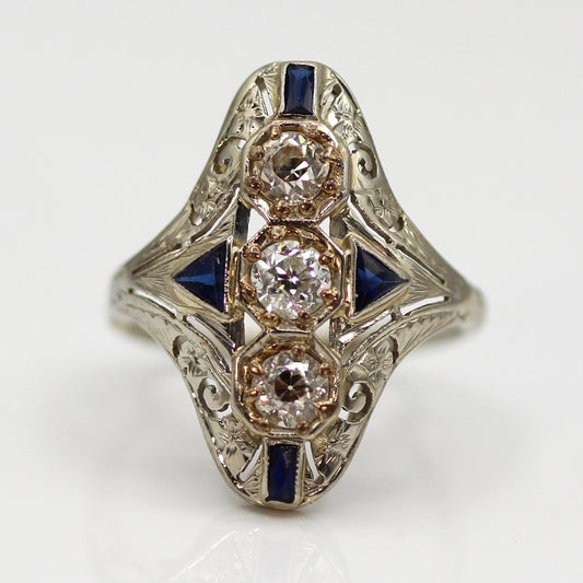 Antique Art Deco Ring: 18K White Gold Diamond and Sapphire SIZE 7.25