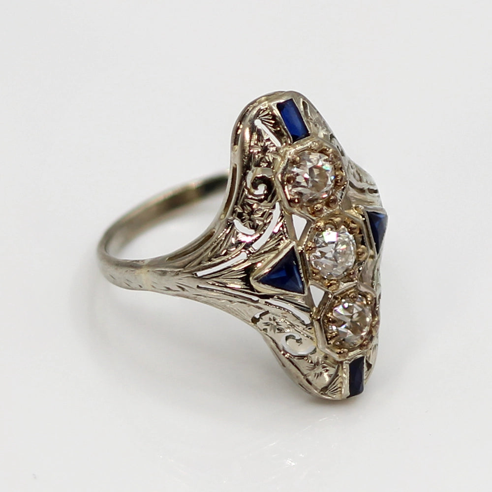 Vintage Art Deco Ring: 18K White Gold Diamond and Sapphire SIZE 7.25