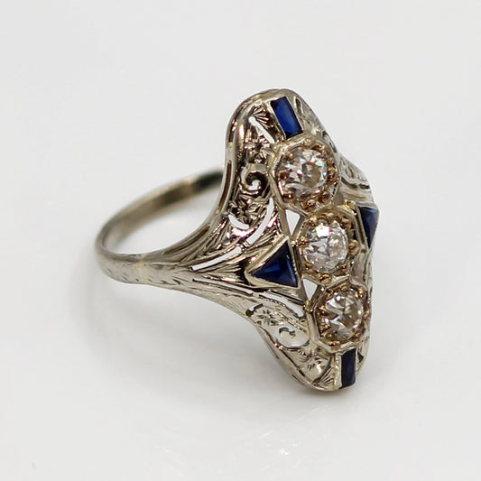 Vintage Art Deco Ring: 18K White Gold Diamond and Sapphire SIZE 7.25