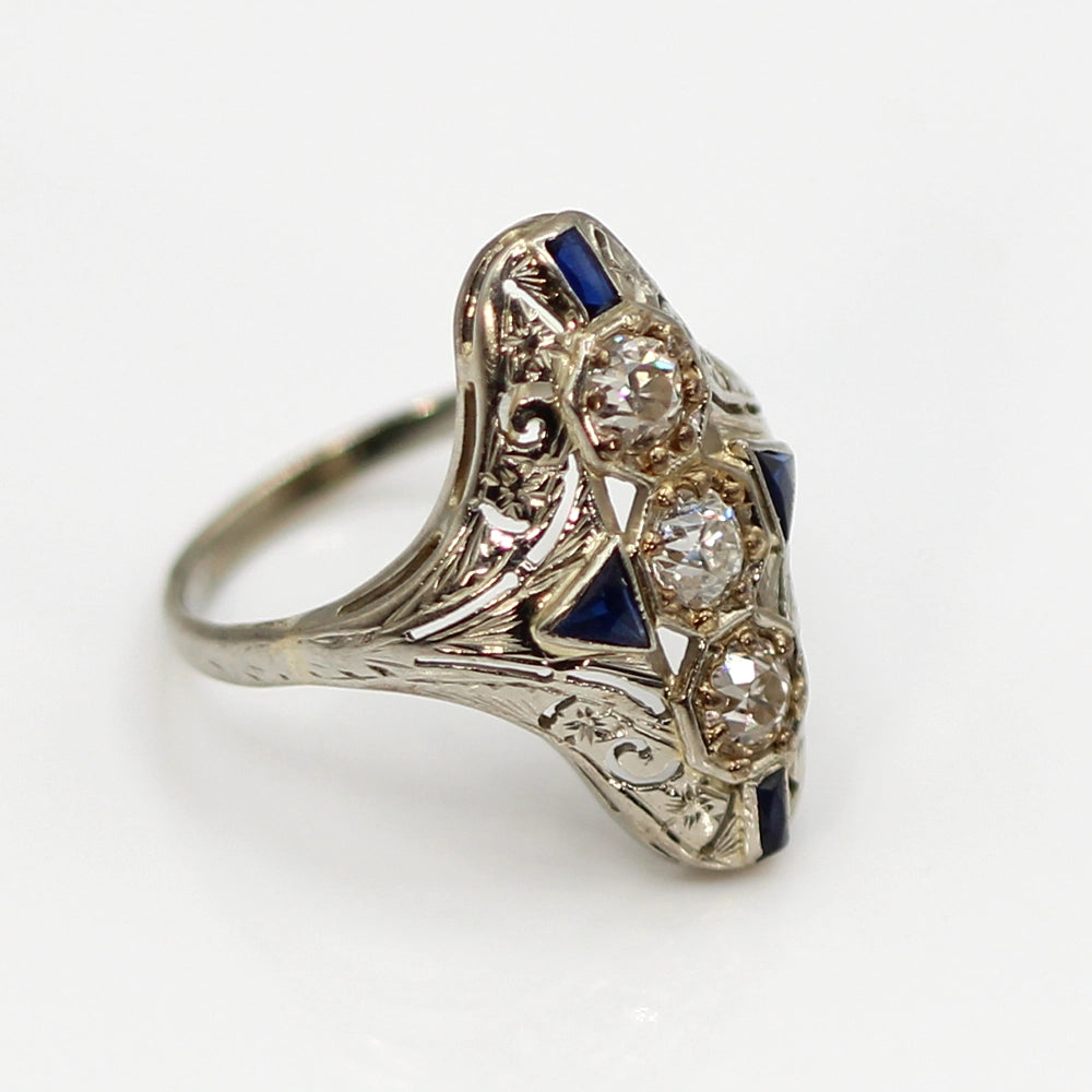 Vintage Art Deco Ring: 18K White Gold Diamond and Sapphire SIZE 7.25
