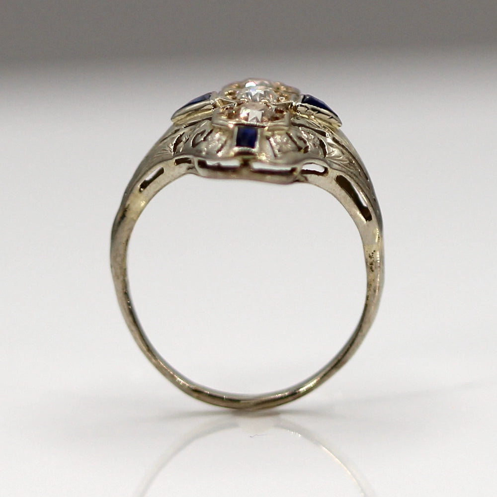 Vintage Art Deco Ring: 18K White Gold Diamond and Sapphire SIZE 7.25