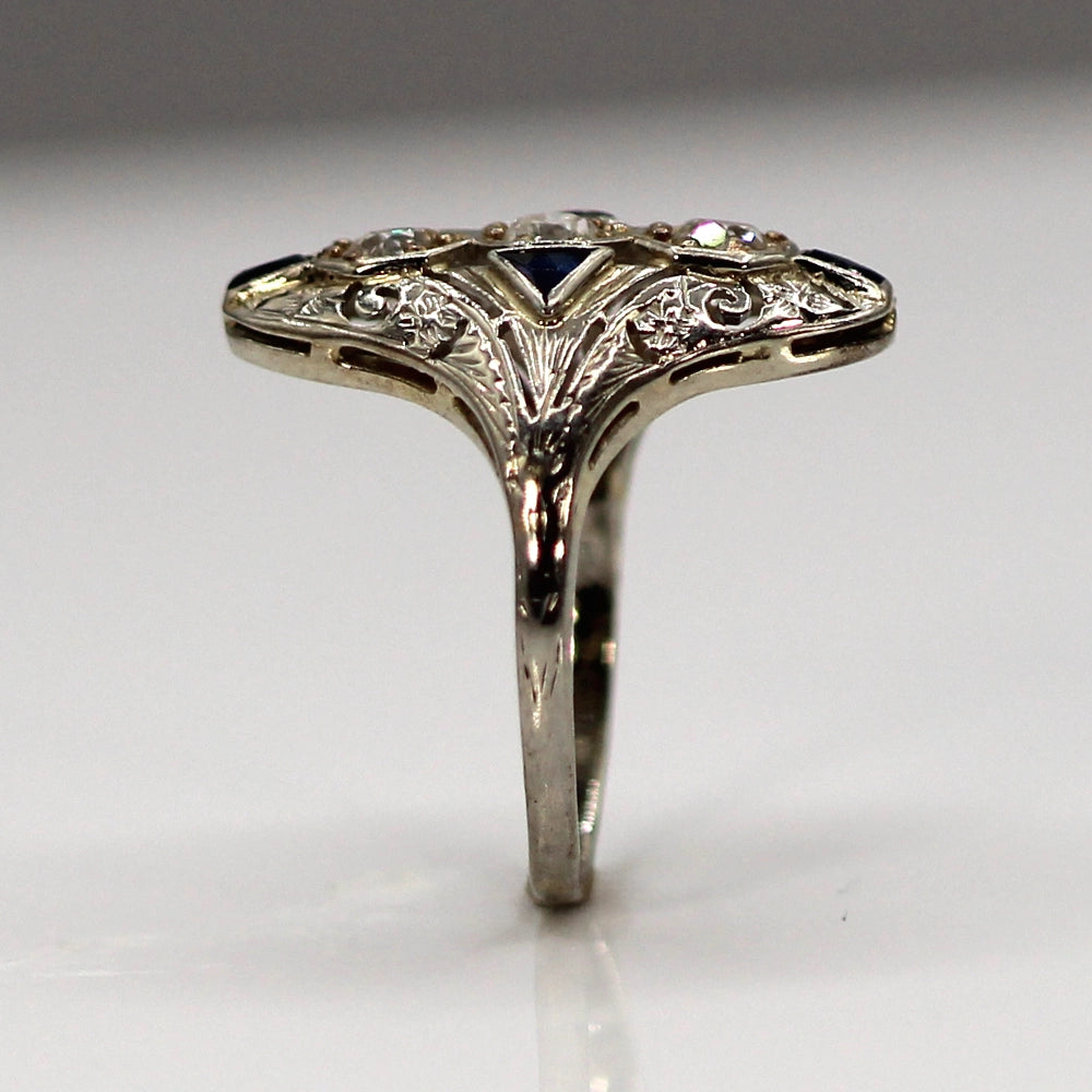 Vintage Art Deco Ring: 18K White Gold Diamond and Sapphire SIZE 7.25
