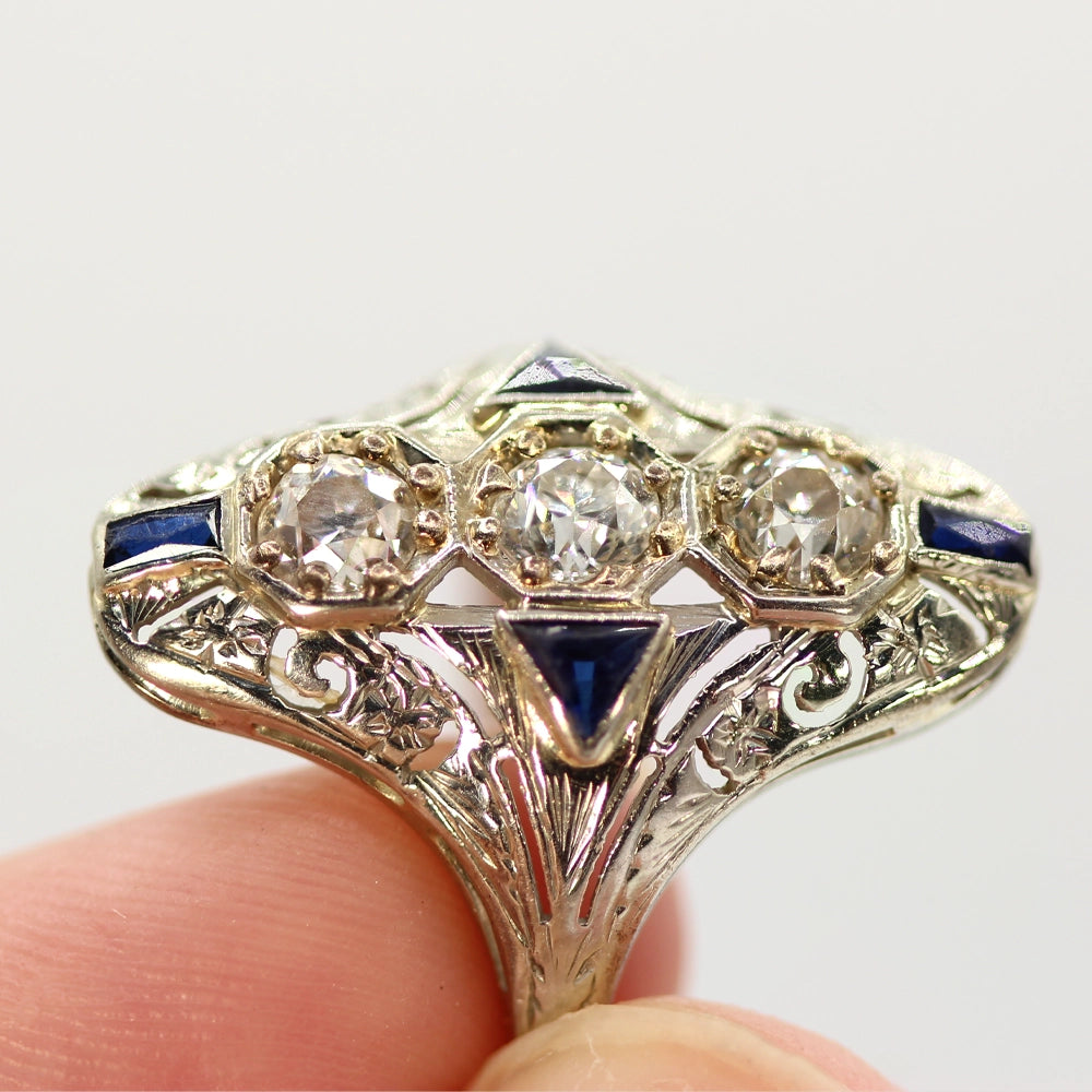Vintage Art Deco Ring: 18K White Gold Diamond and Sapphire SIZE 7.25