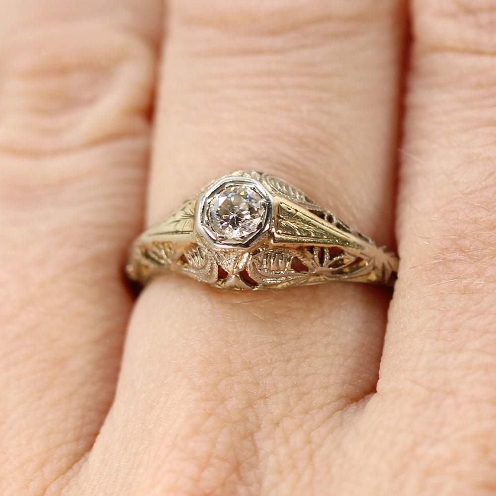 Vintage Two-Toned Gold and .25 Carat Old European Cut Diamond Ring SIZE 6.75