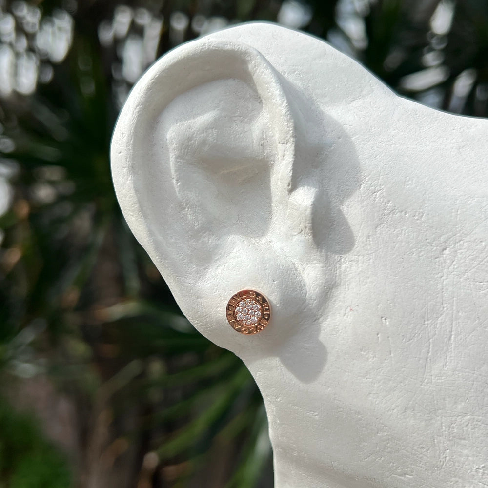 Bvlgari Bvlgari 18K Rose Gold and Diamond Disk Earrings Pair with Box and Docs.